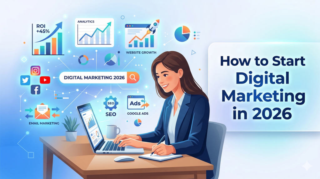 Beginner starting digital marketing in 2026 using laptop with SEO, social media, and analytics icons